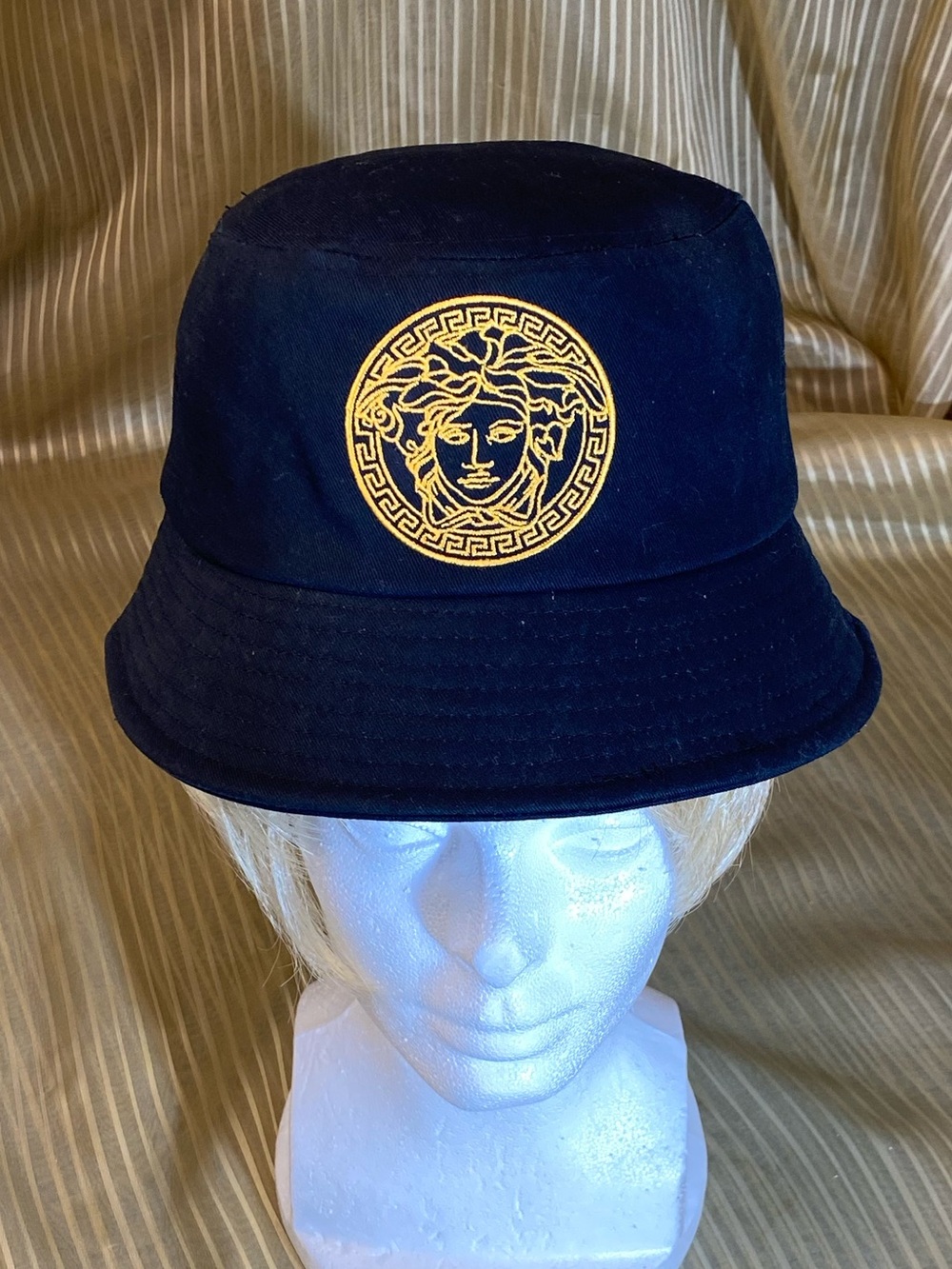 VERSACE Women Black Bucket Hat with Gold Medusa Emblem Cotton, Logo
